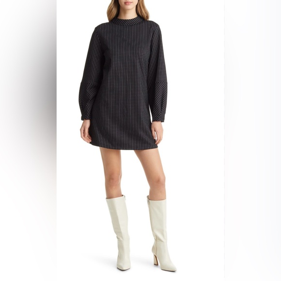 Halogen Dresses & Skirts - Halogen XXS Black Grid Print Shift Dress Mock Neck Long Sleeve Workwear